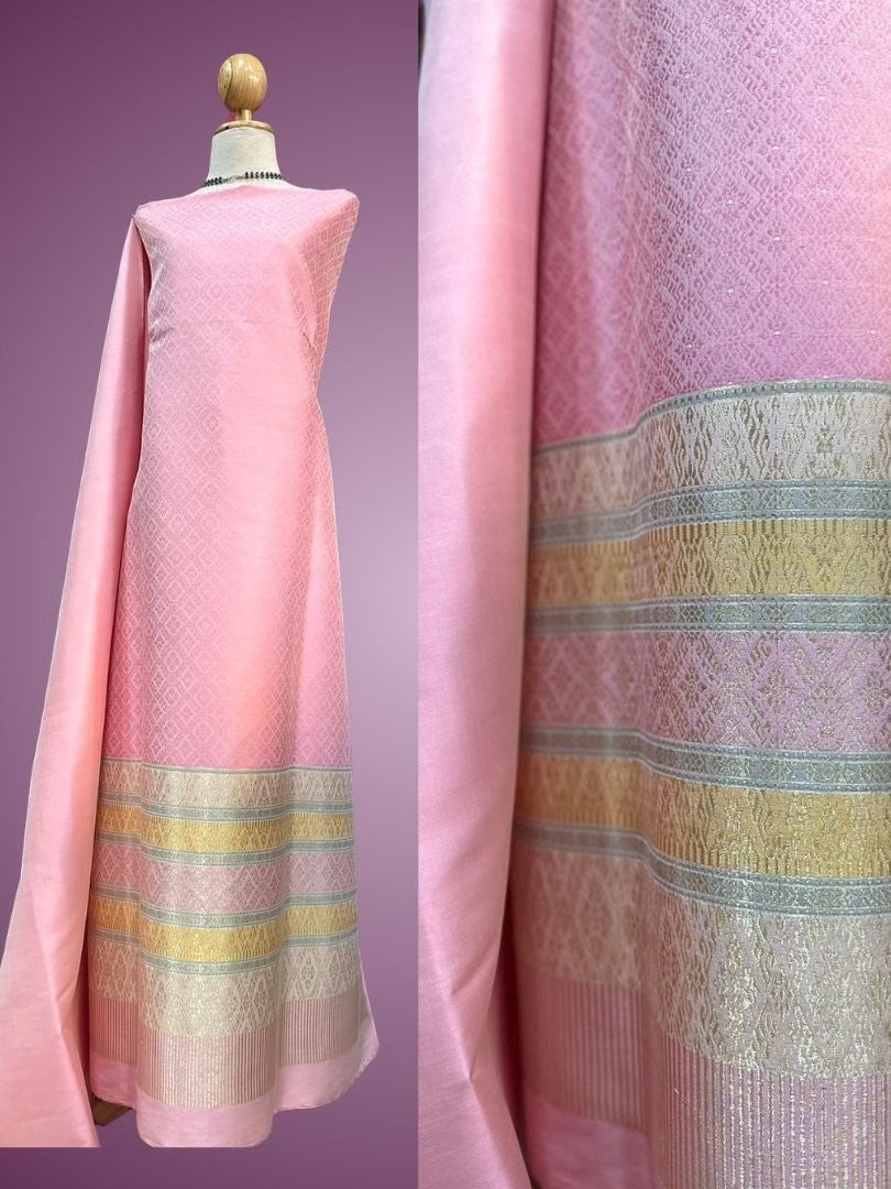 (Dress fabric) Lamphun silk (solid color 2 meters + pattern 2.4 meters) pink, code N90-AA-12176617171