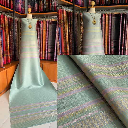 (Dress fabric) Lamphun silk (solid color 2 meters + pattern 2.4 meters) mint blue, code N90-MD-0112671345