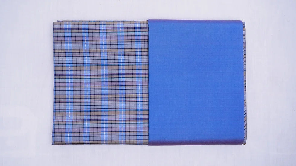 (Dress fabric) Plaid pattern silk, real silk, size 1x4 yards (2 yards of patterned fabric + 2 yards of plain color), blue, code A90-CT100625