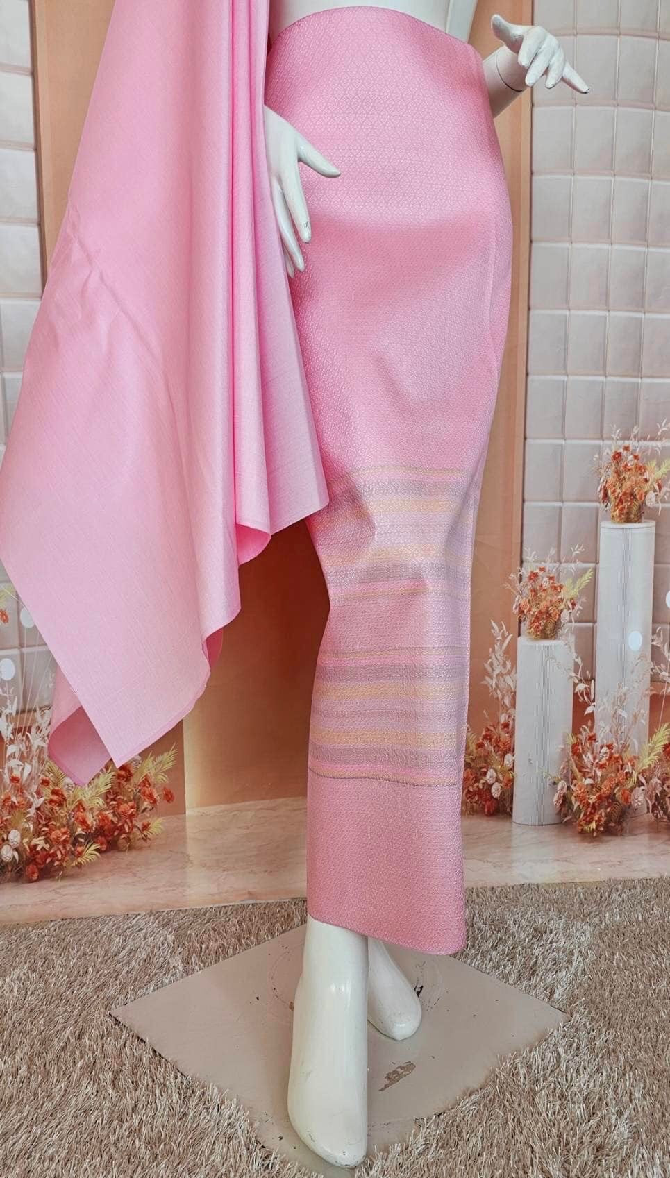 (Dress cloth) plain colored silk with stripes (2 yards of plain cloth + 2 yards of sarong) pink shade, code BC-SN-0611670