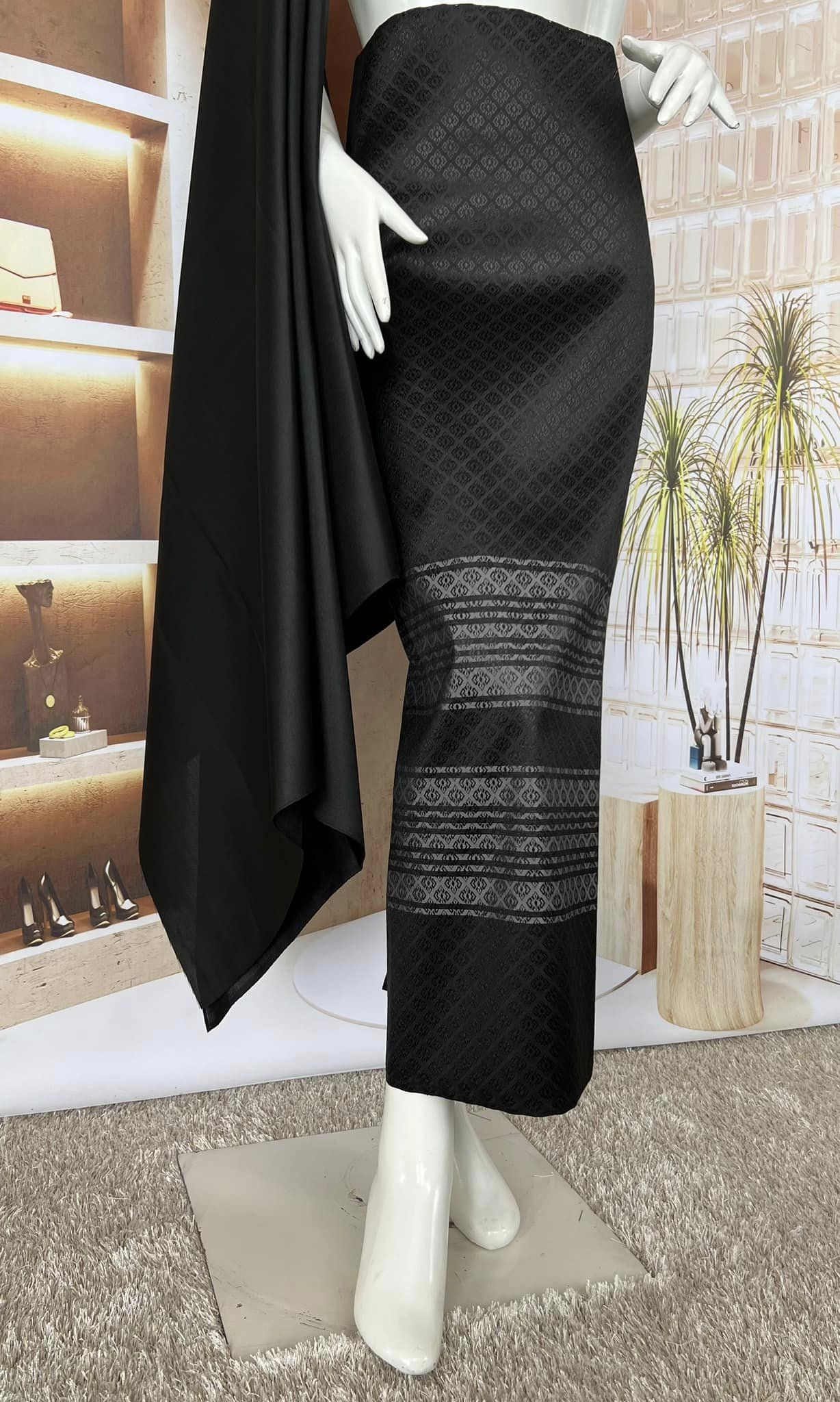 (Dress cloth) plain colored silk with stripes (2 yards of plain cloth + 2 yards of sarong) shades of black, code B7C-SN-0406163025