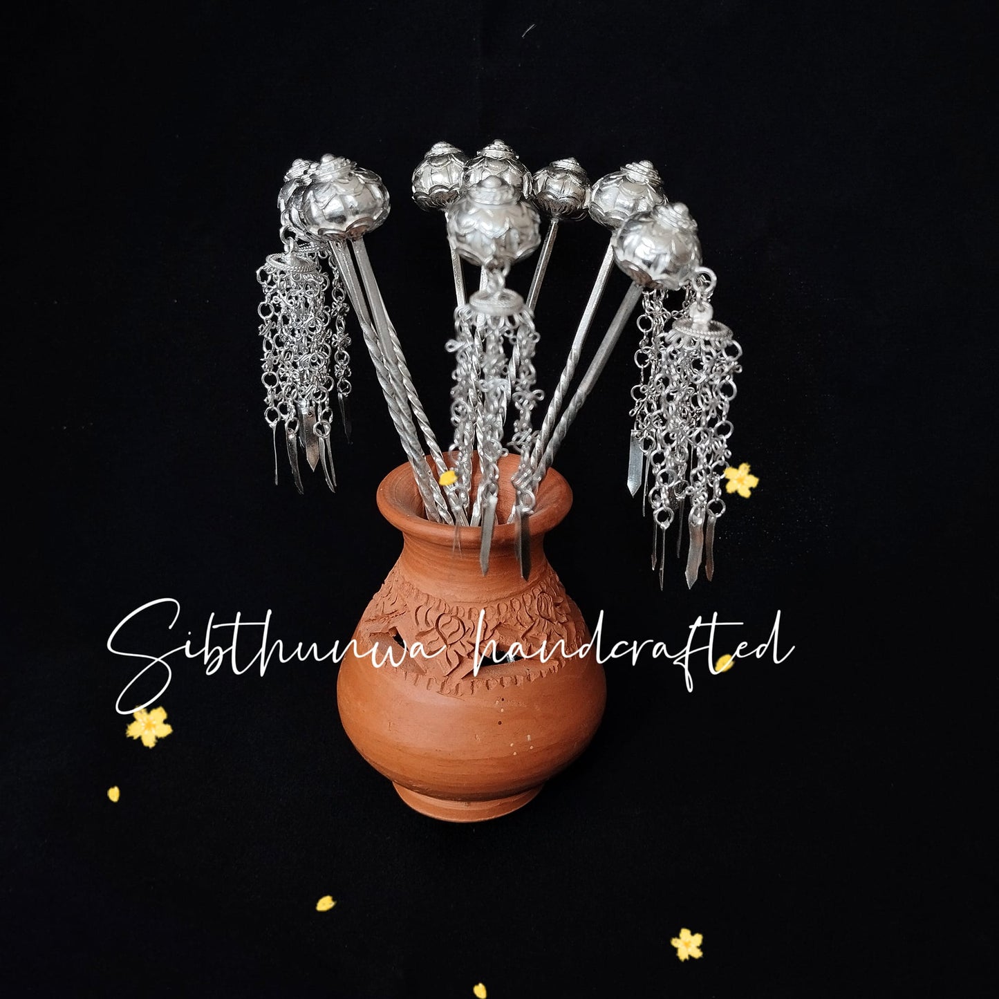 Genuine silver hair pin, lotus style, with chandelier, code HP-TC-0521671205