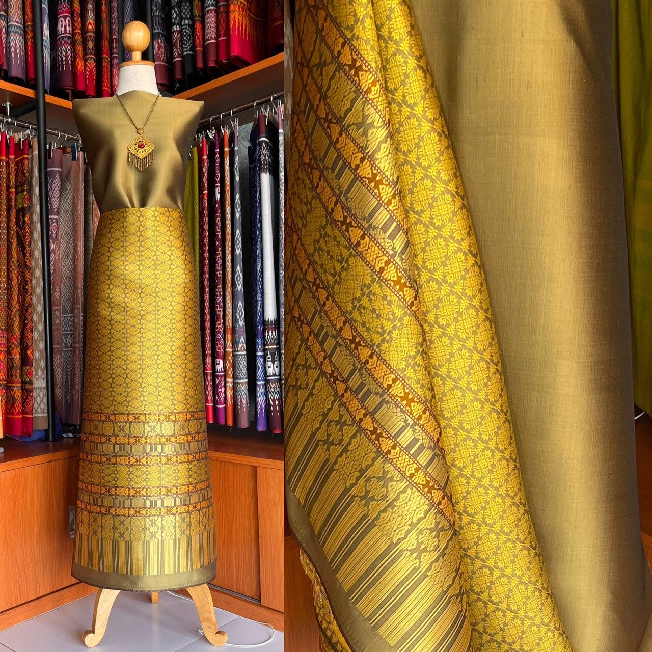 (Dress cloth) Lamphun silk (solid color 2 meters + pattern 2.4 meters) yellow, code N90-MD-011267140715