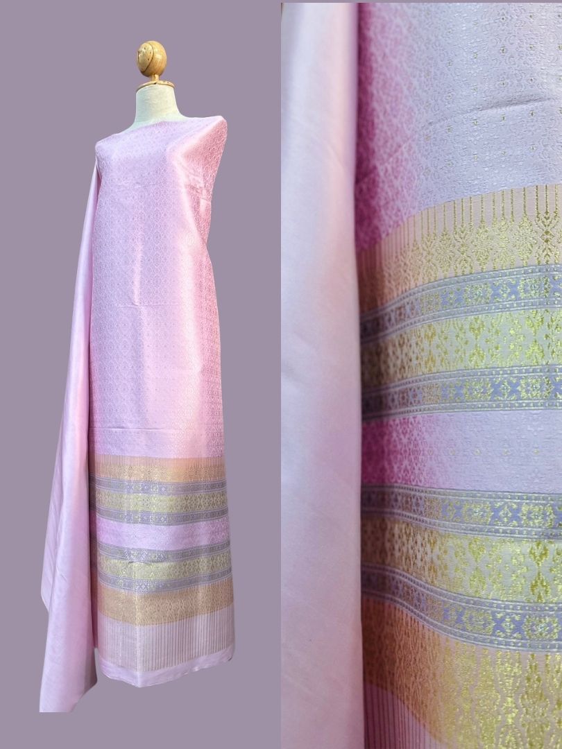 (Dress fabric) Lamphun silk (solid color 2 meters + pattern 2.4 meters) pink, code N90-AA-01206718122