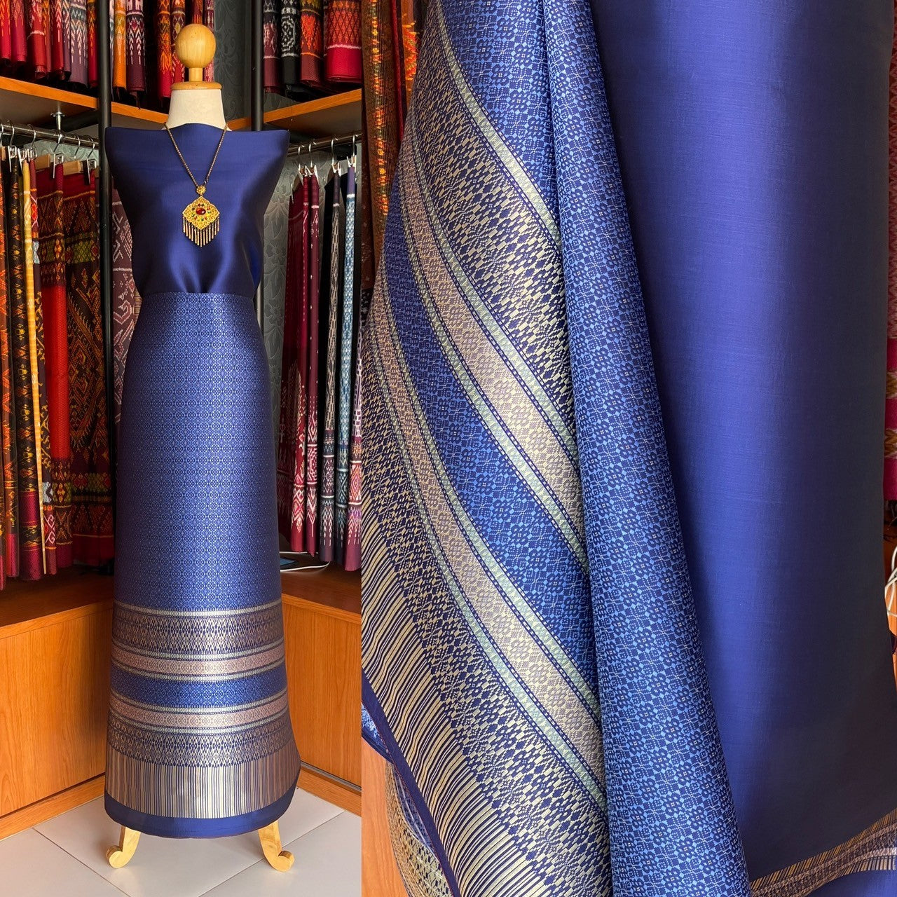 (Dress cloth) Lamphun silk (solid color 2 meters + pattern 2.4 meters) blue, code N90-MD-0102671