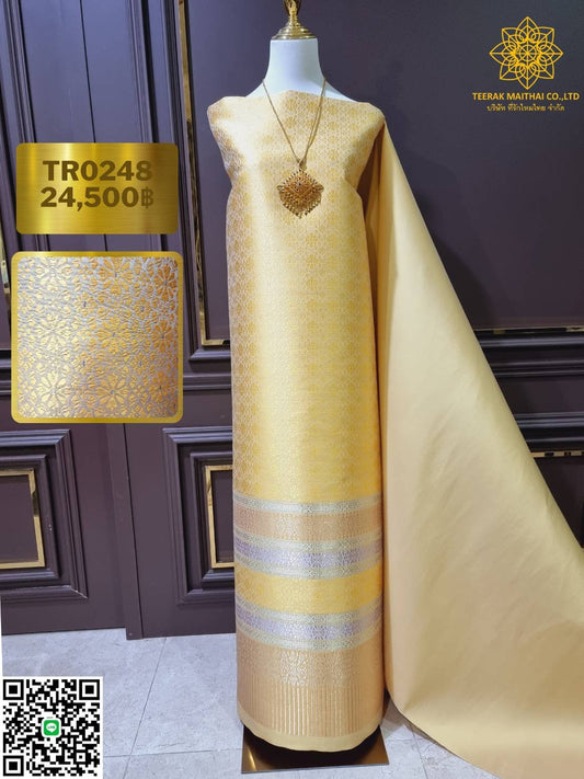 (Dress cloth) Yellow Lamphun silk with silver thread (solid color 2 meters + pattern 2.4 meters) yellow, code N90-29-TR0248