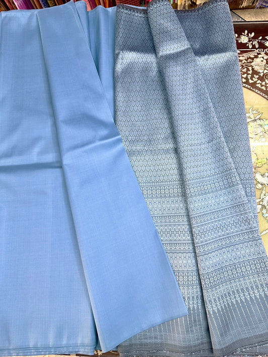 (Dress fabric) Surin silk, size 1x4 meters (pattern 2 meters + solid color 2 meters), blue-gray, code N10-ST-05316722