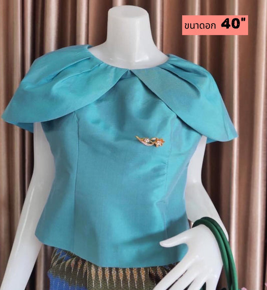 Women's shirt, sleeveless, decorated with ruffles, closed shoulders, plain silk, chest size 40 inches, blue, code WD-PK-01226711534