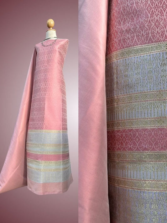 (Dress fabric) Lamphun silk (solid color 2 meters + pattern 2.4 meters), old rose pink, code N90-AA-12176617132