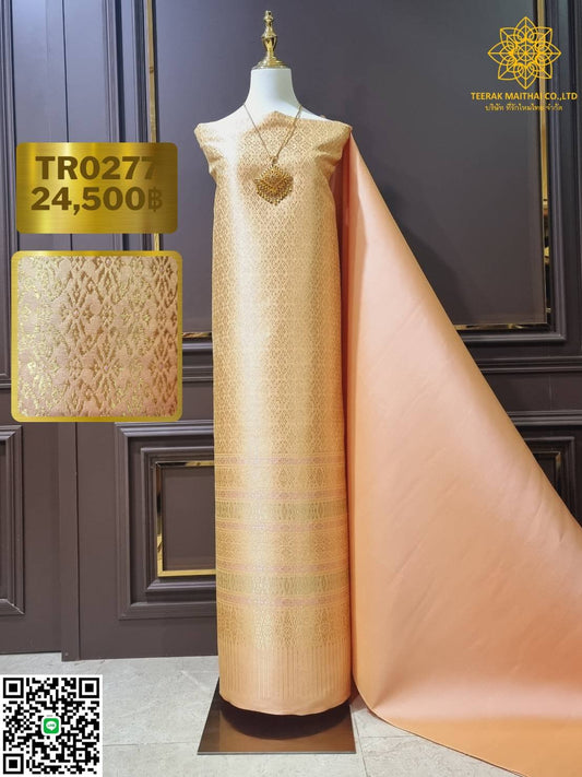 (Dress cloth) Lamphun silk, rose color, raised flowers, gold thread (solid color 2 meters + pattern 2.4 meters), rose orange, code N90-29-TR0277