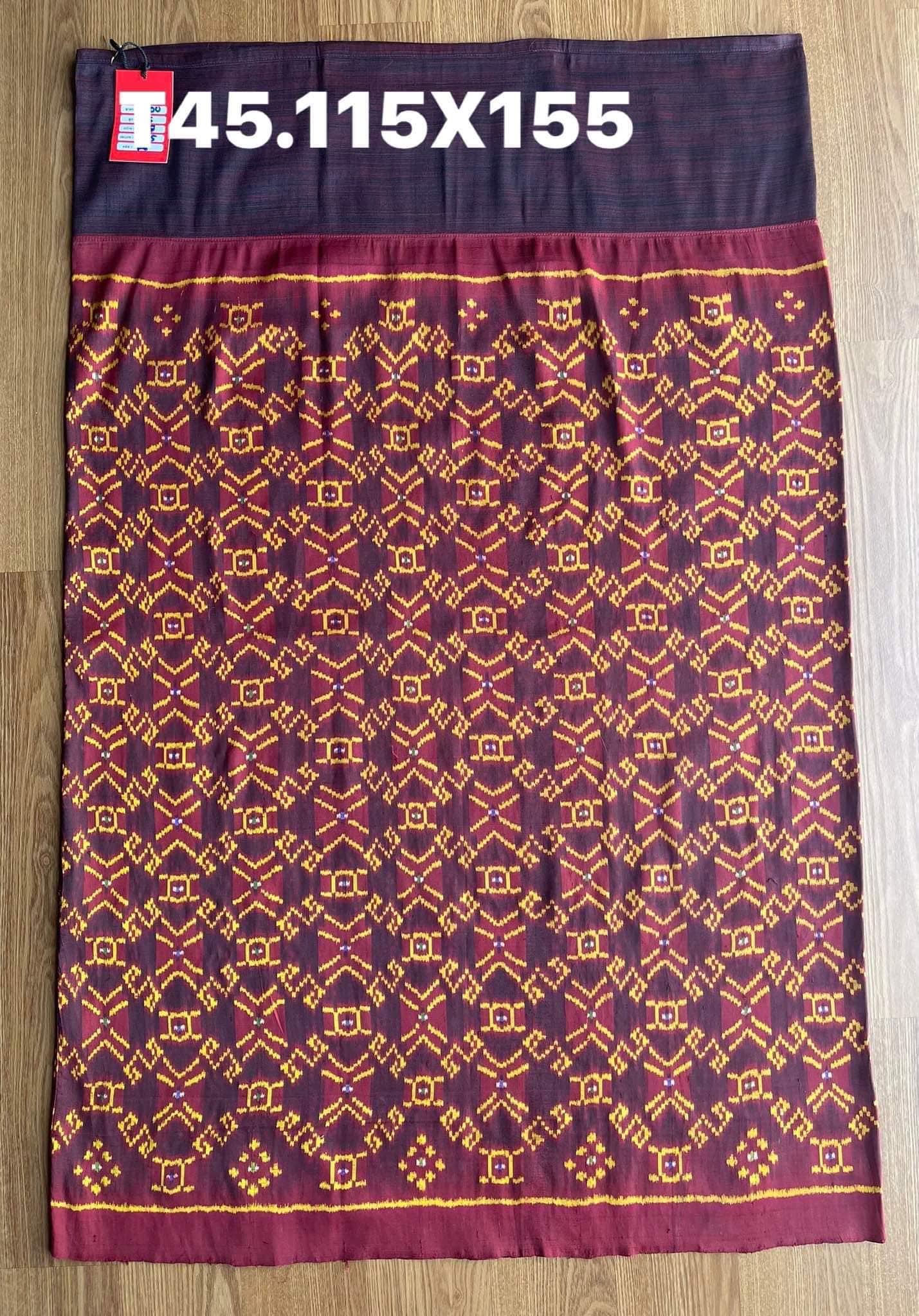 Battambang sarong, natural color, 3-takor cham cloth, size 115x155cm, dark red background, code N9-SIL-T45