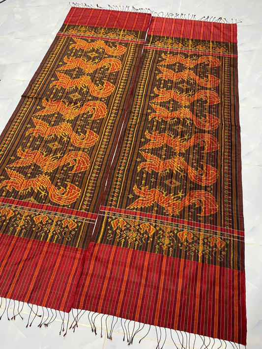 Loincloth, Mudmee woven with squirrel tail, size 65x200cm, phoenix pattern, red background, code LM4A-RT-06056721252