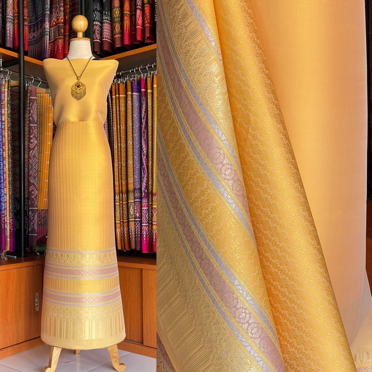 (Dress cloth) Lamphun silk (solid color 2 meters + pattern 2.4 meters) golden yellow, code N90-MD-0401674