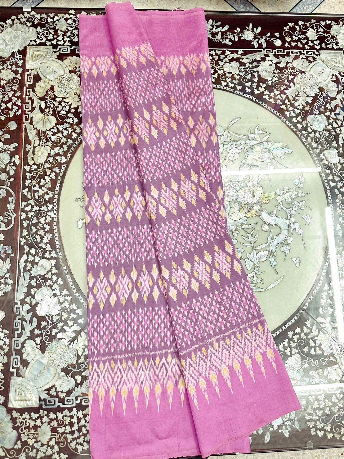 Mudmee silk sarong, 2 takor, width 95 cm., length 2 yards, local pattern, pink background, code R1Q-07241142