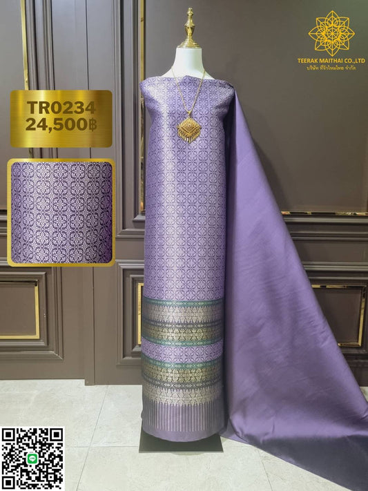 (Dress cloth) Lamphun silk, light purple flowers, gold thread island (solid color 2 meters + pattern 2.4 meters), purple, code N90-29-TR0234