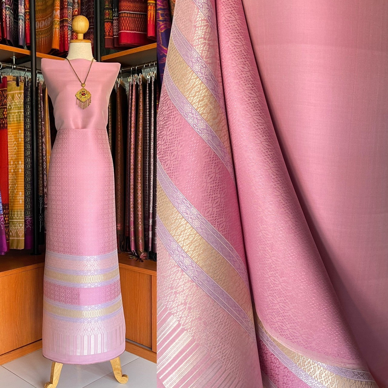 (Dress cloth) Lamphun silk (solid color 2 meters + pattern 2.4 meters) pink, code N90-MD-0324671003