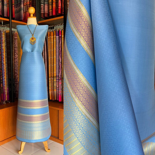 (Dress cloth) Lamphun silk (solid color 2 meters + pattern 2.4 meters) blue, code N90-MD-0401673