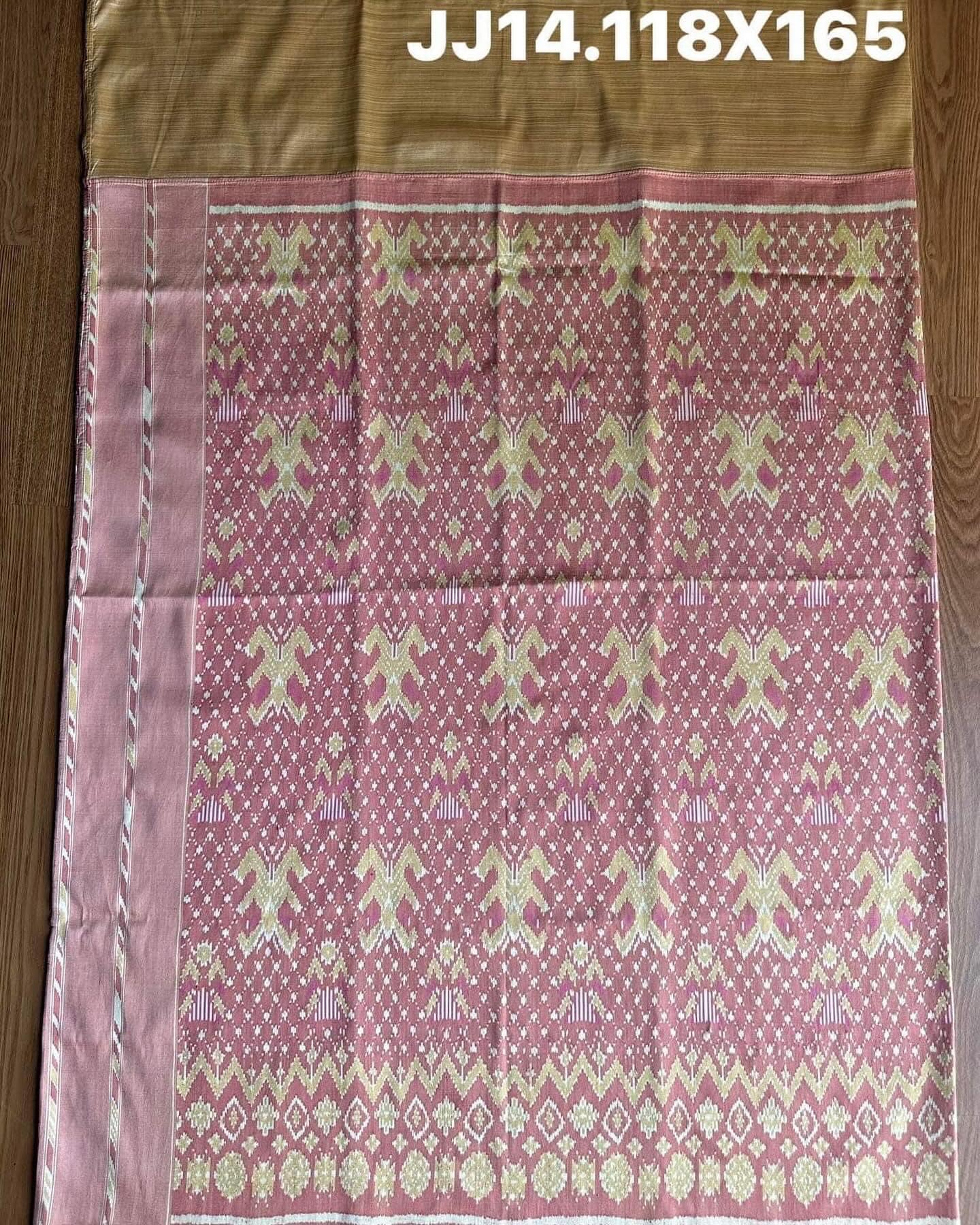 Battambang silk skirt, Mudmee 3 takor, size 118x165cm, butterfly pattern, woman's face, pink background, code N9-SIL-JJ14