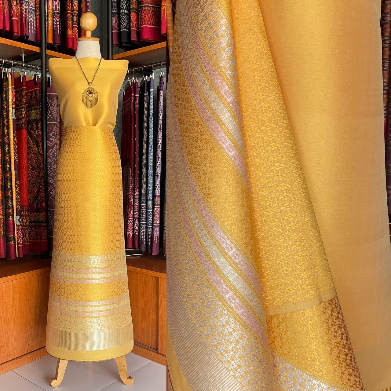 (Dress cloth) Lamphun silk (solid color 2 meters + pattern 2.4 meters) yellow, code N90-MD-0201673