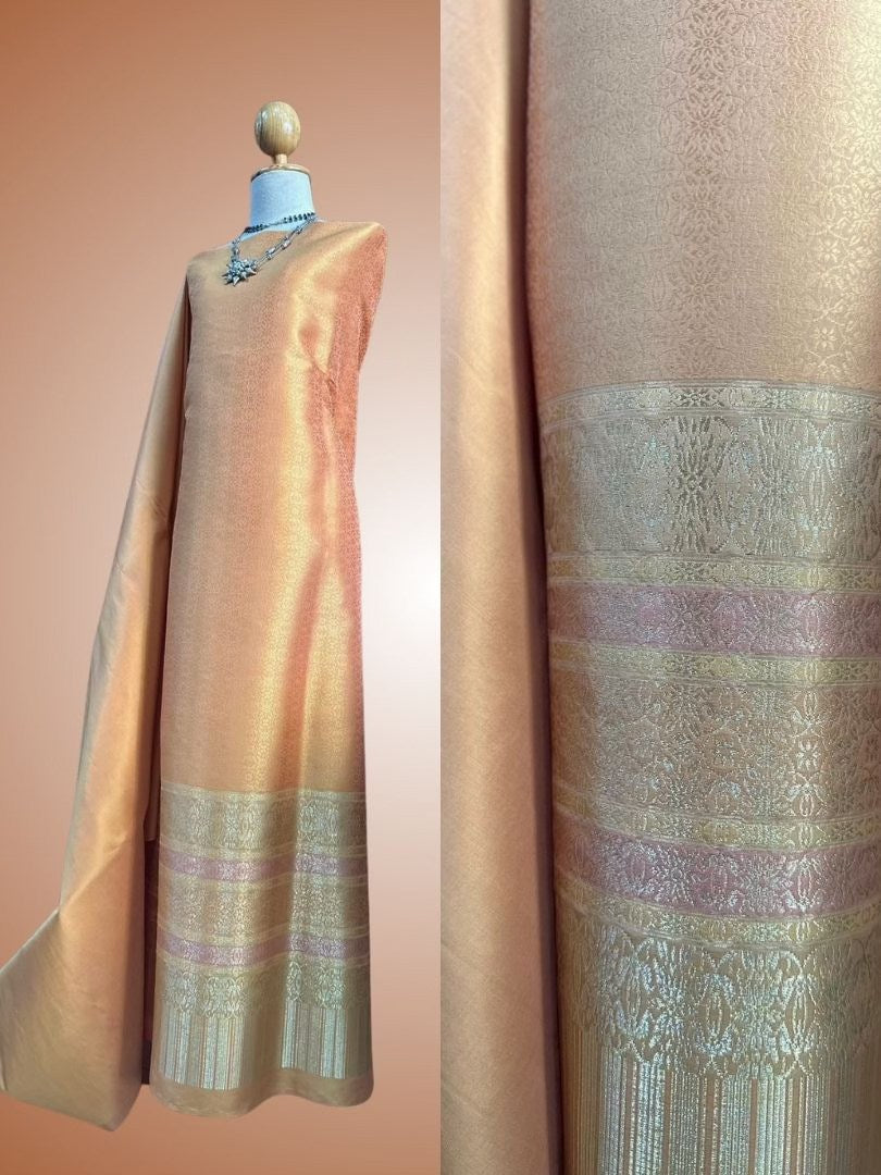 (Dress cloth) Lamphun silk (solid color 2 meters + pattern 2.4 meters) orange-rose color, code N90-AA-12176617173