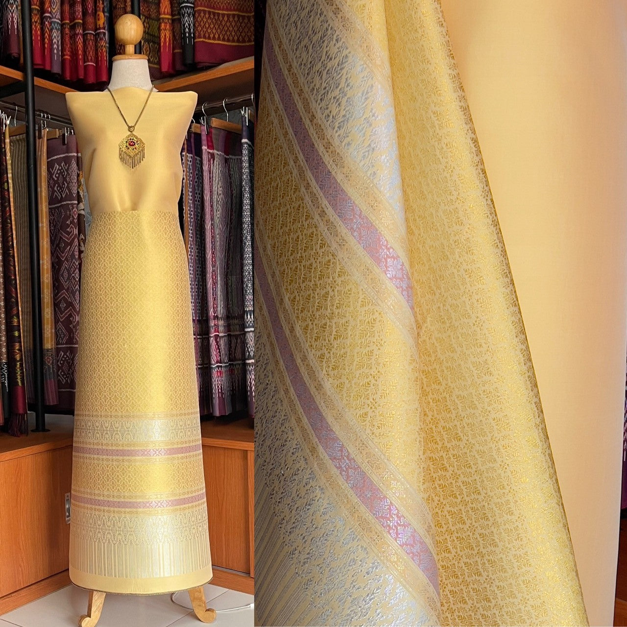 (Dress fabric) Surin silk (solid color 2 meters + pattern 2.4 meters) golden yellow, code N90-MD-062367224