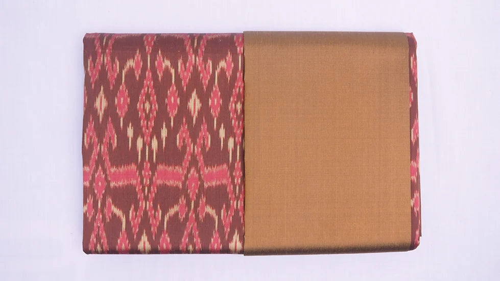 (Dress fabric) Mudmee silk, Songtako, real silk (patterned fabric 2 yards + plain color 2 yards), brown-pink, code M2B-CT-SKU100588