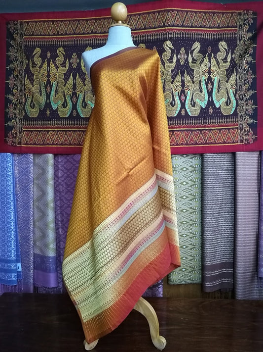 Surin silk skirt, real silk, size 1x2 meters, Koh Choeng silver tinsel. golden yellow floor N11-NY06216622