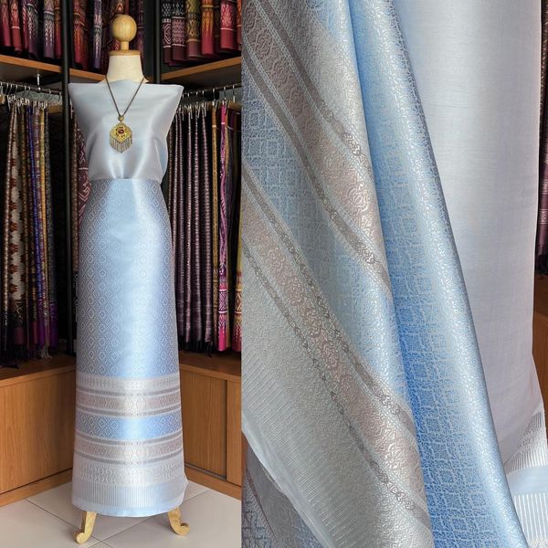 (Dress cloth) Lamphun silk (solid color 2 meters + pattern 2.5 meters) blue, code N90-MD-0413671746