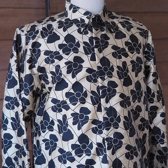 long sleeve shirt Printed silk, floral pattern, white-blue, code DN-CT-SKU100865