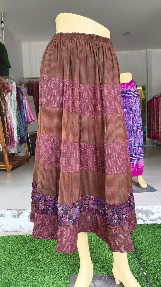 old silk skirt Sewing from real silk, hand woven, floral pattern, brown, code WM-ND-05246708283.