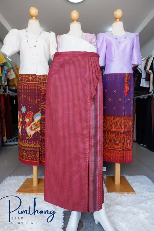 A sarong made of pure silk, hand-woven, twisted front shape, with a pocket hem, ready-made, waist size 26-36 inches, Amprom pattern, red background, code WM-PTS10026615035.