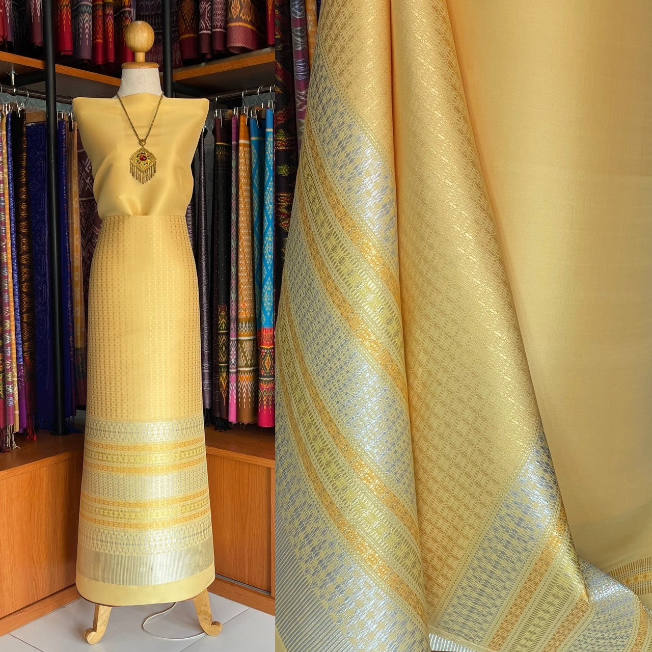 (Dress fabric) Surin silk (solid color 2 meters + pattern 2.4 meters) yellow, code N90-MD-0524671409