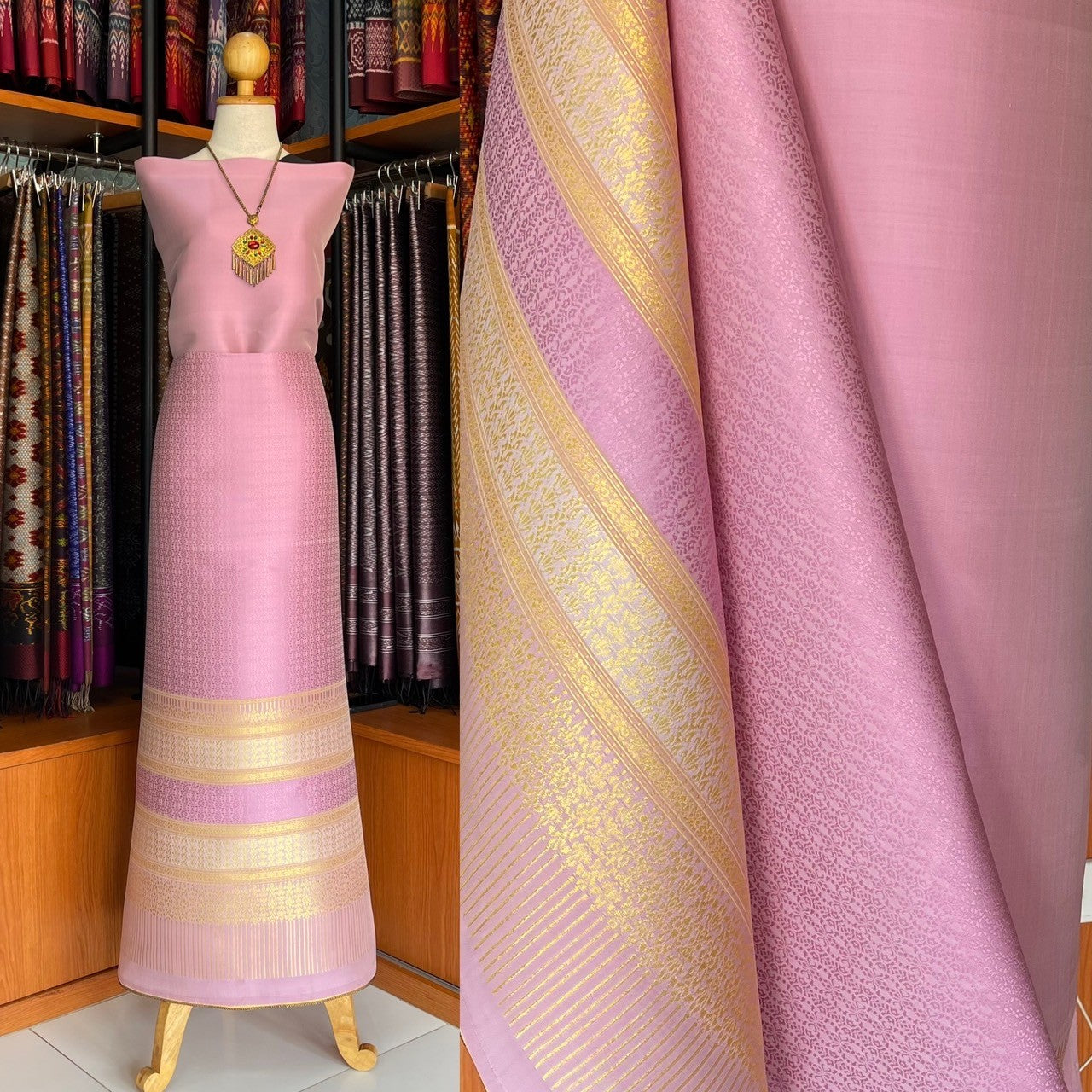 (Dress cloth) Lamphun silk (solid color 2 meters + pattern 2.4 meters) pink, code N90-MD-0413675