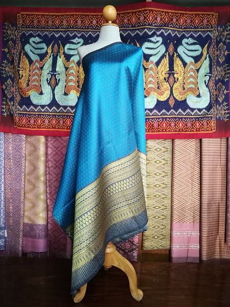 Surin silk skirt, real silk, size 1x2 meters, Koh Choeng Din Thong. Sea blue background, code N11-NY0224669