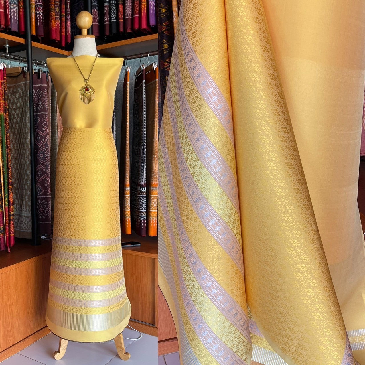 (Dress cloth) Lamphun silk (solid color 2 meters + pattern 2.4 meters) yellow, code N90-MD-01216721361