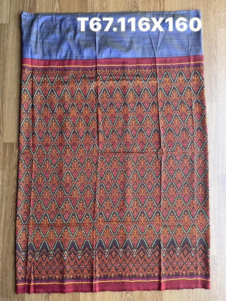 Battambang sarong, natural color, 3-takor cham cloth, size 116x160cm, red background, code N9-SIL-T67