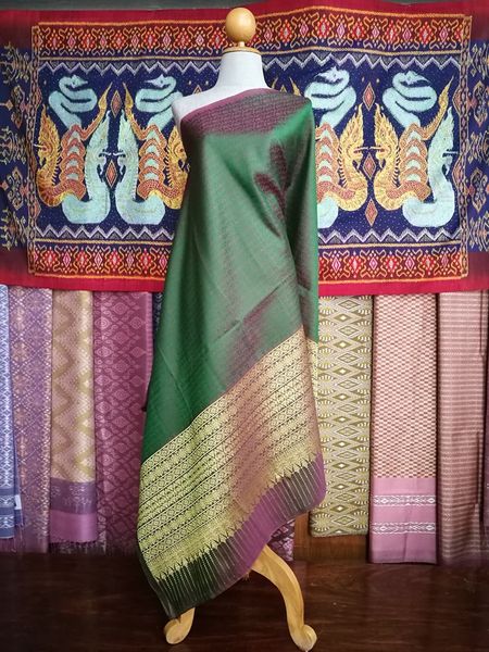 Surin silk skirt, real silk, size 1x2 meters, Koh Choeng Din Thong, green background, code N11-NY0224661