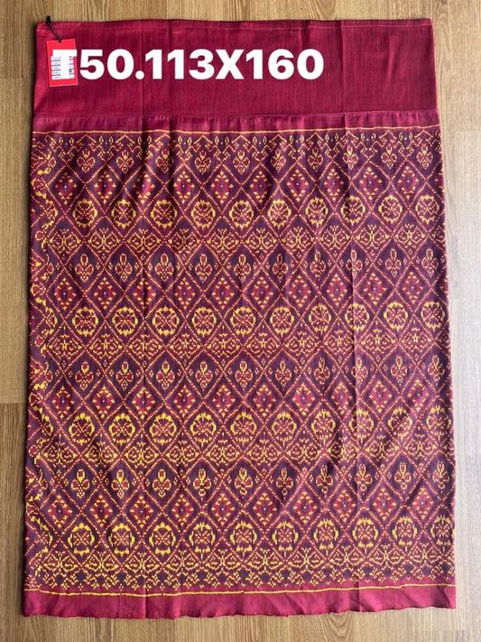 Battambang sarong, natural color, 3-takor cham cloth, size 113x160cm, red background, code N9-SIL-T50