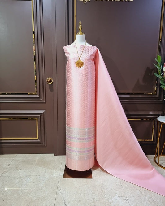 (Dress cloth) Lamphun Yok Dok silk Koh Choeng Din Thong (solid color 2 meters + pattern 2.4 meters), pastel pink, code N90-29-TR0061