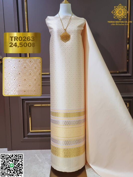 (Dress cloth) Lamphun silk, champagne color, Koh Choeng gold thread (solid color 2 meters + pattern 2.4 meters), ivory color, code N90-29-TR0263