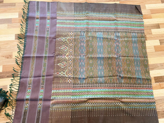 Mudmee silk sarong, real silk, natural color, fermented in mud, 3 tako, woven on a roller, size 1x2 meters, hole pattern, brown, green, code M3P-33-0208671