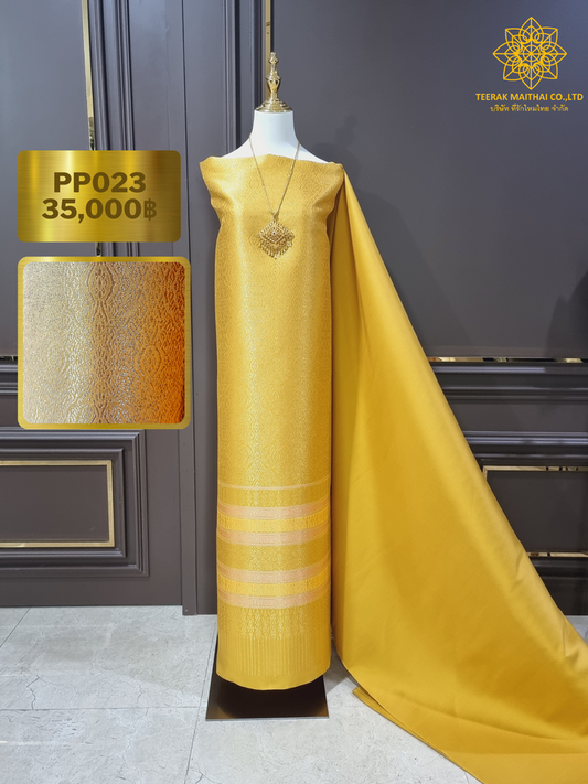 (Dress cloth) Lamphun silk, golden yellow, raised flowers, gold thread (solid color 2 meters + pattern 2.4 meters), yellow, code N90-29-PP023