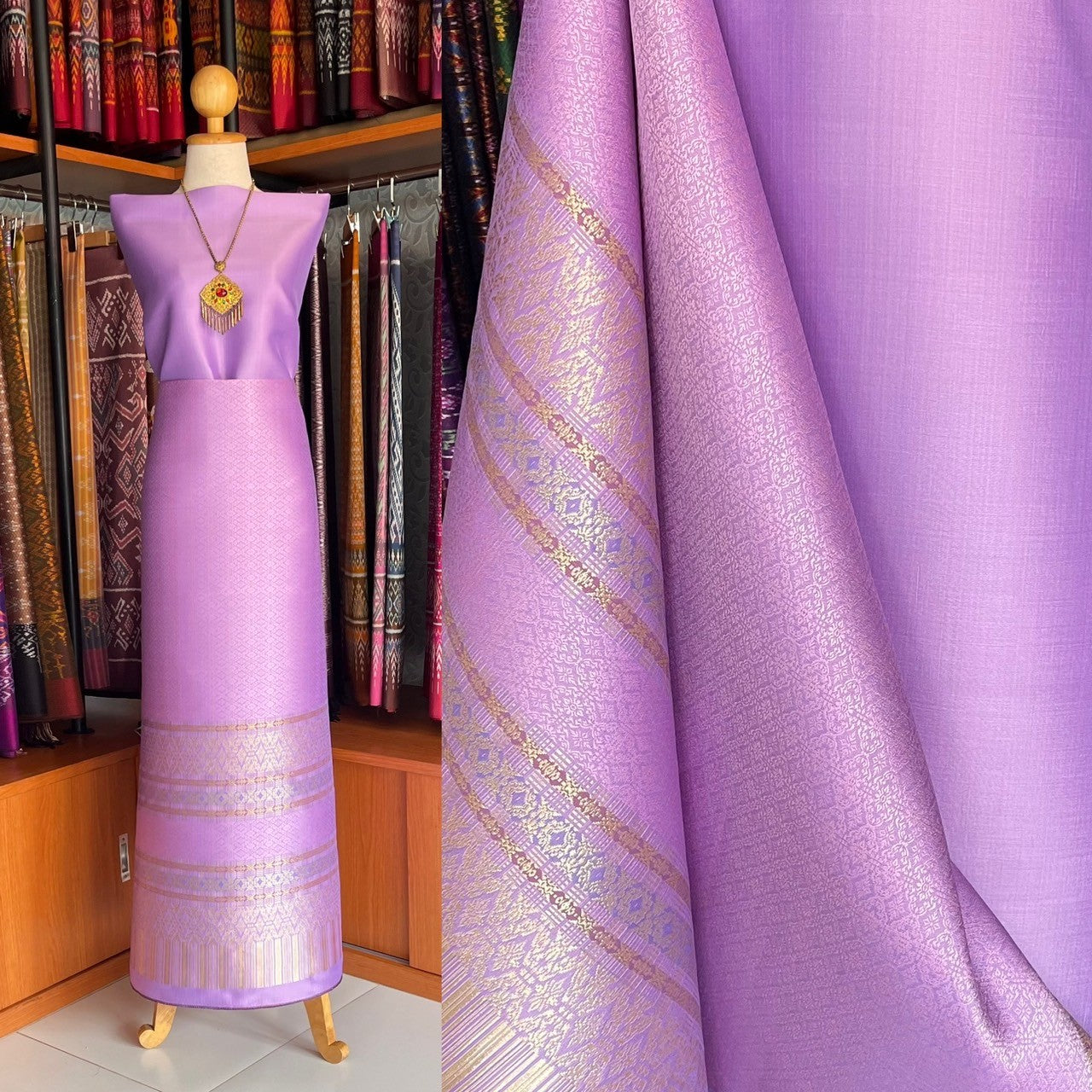 (Dress cloth) Surin large flower silk, size 1x4.4 meters (solid color 2 meters + pattern 2.4 meters), purple-pink color, code N90-MD-06026712202