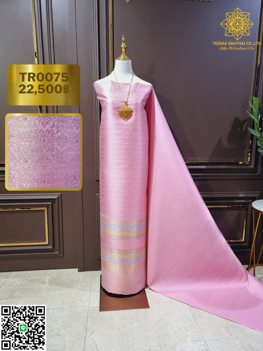 (Dress cloth) Lamphun silk Koh Choeng Din Thong (solid color 2 meters + pattern 2.4 meters) pink, code N90-29-TR0075