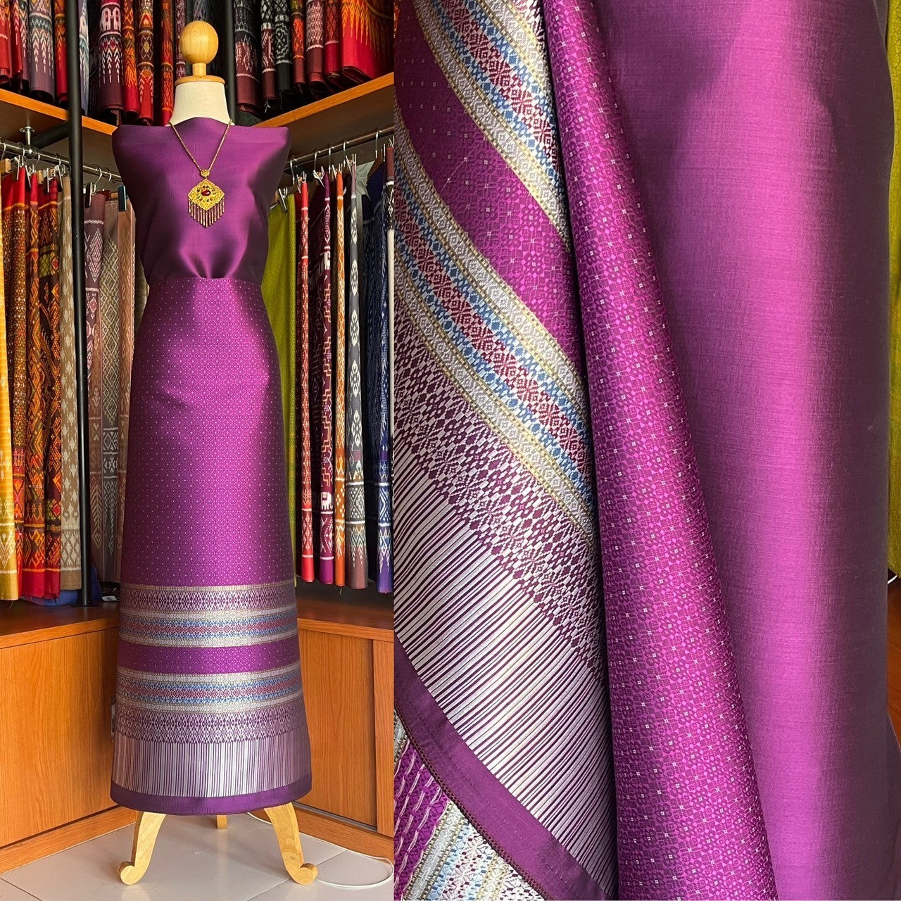 (Dress cloth) Lamphun silk (solid color 2 meters + pattern 2.4 meters) pink, code N90-MD-011267140713