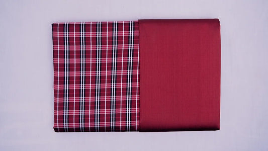 (Dress cloth) Plaid pattern silk, real silk, size 1x4 yards (2 yards patterned fabric + 2 yards plain color), crimson red, code A90-CT100630