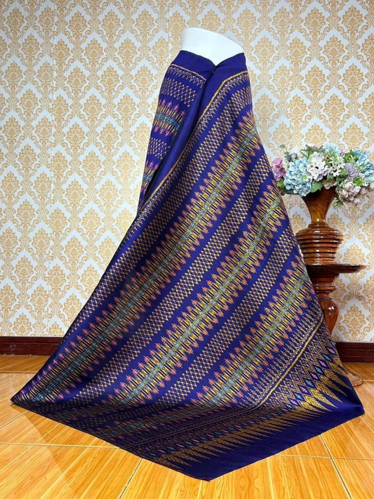 Mudmee silk sarong, 3 takor, size 1x2 meters, blue background, code R2Q-KN-0604672054