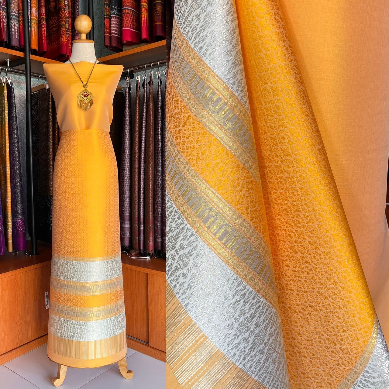 (Dress cloth) Lamphun silk (solid color 2 meters + pattern 2.4 meters) yellow, code N90-MD-0302671607