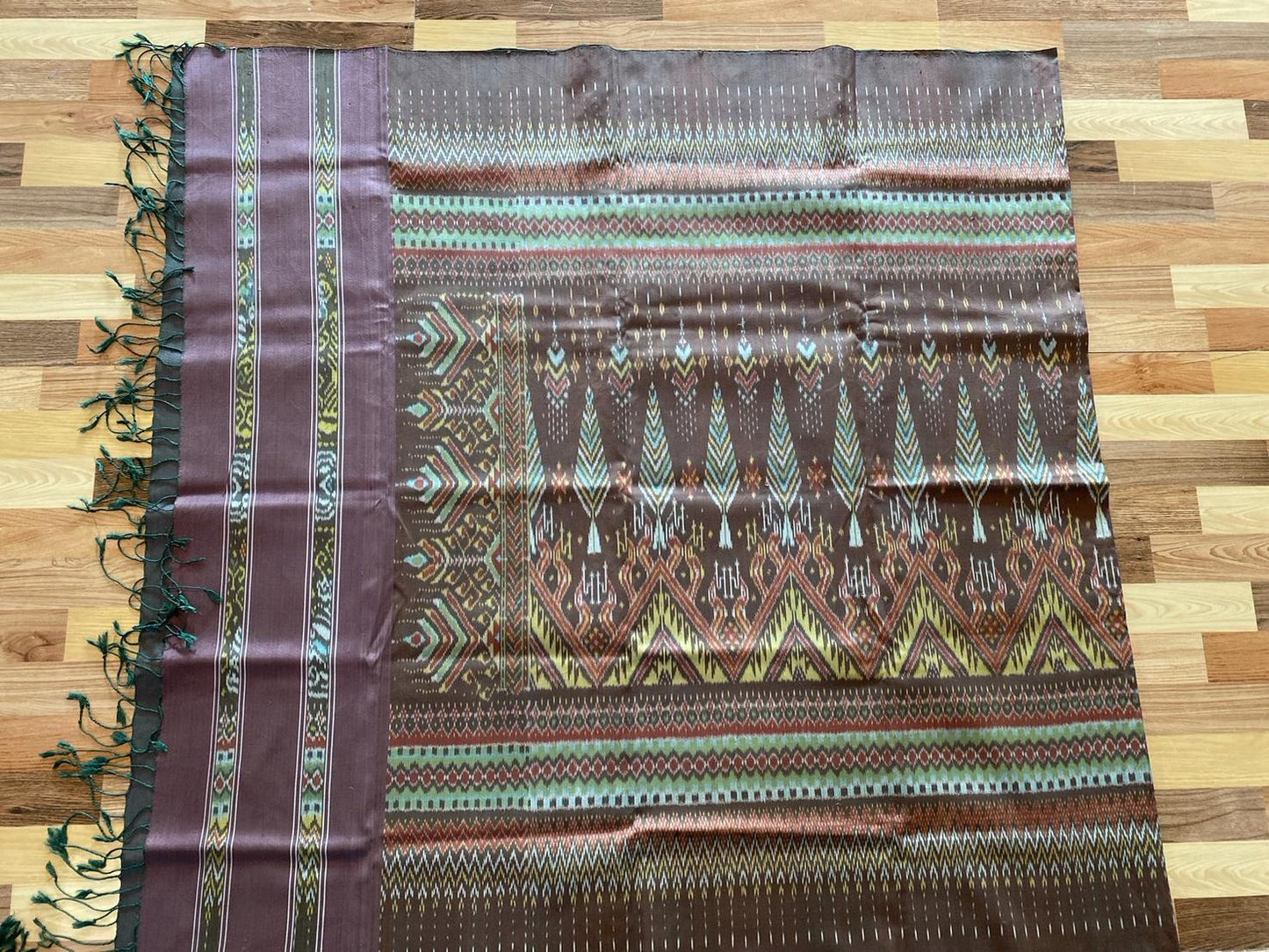 Mudmee silk sarong, real silk, natural color, fermented in mud, 3 tako, weaved on a roller coaster, size 1x2 meters, Naga pine pattern, brown, code M3P-33-11036612094