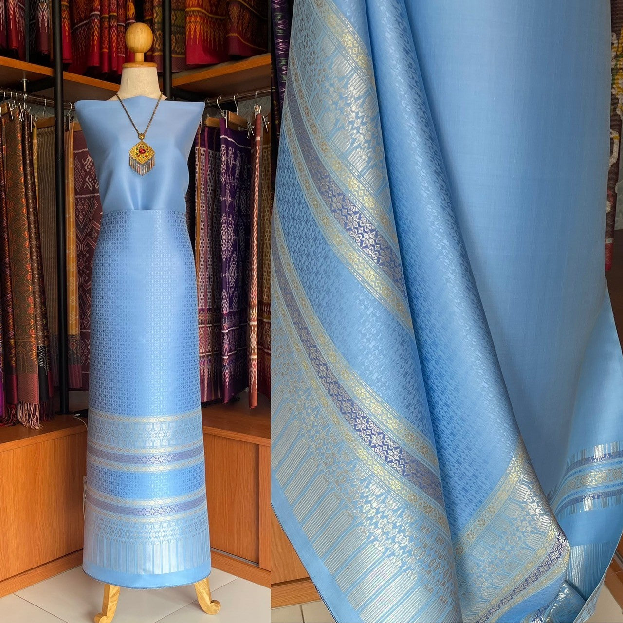 (Dress fabric) Surin silk (solid color 2 meters + pattern 2.4 meters) blue, code N90-MD-0608673